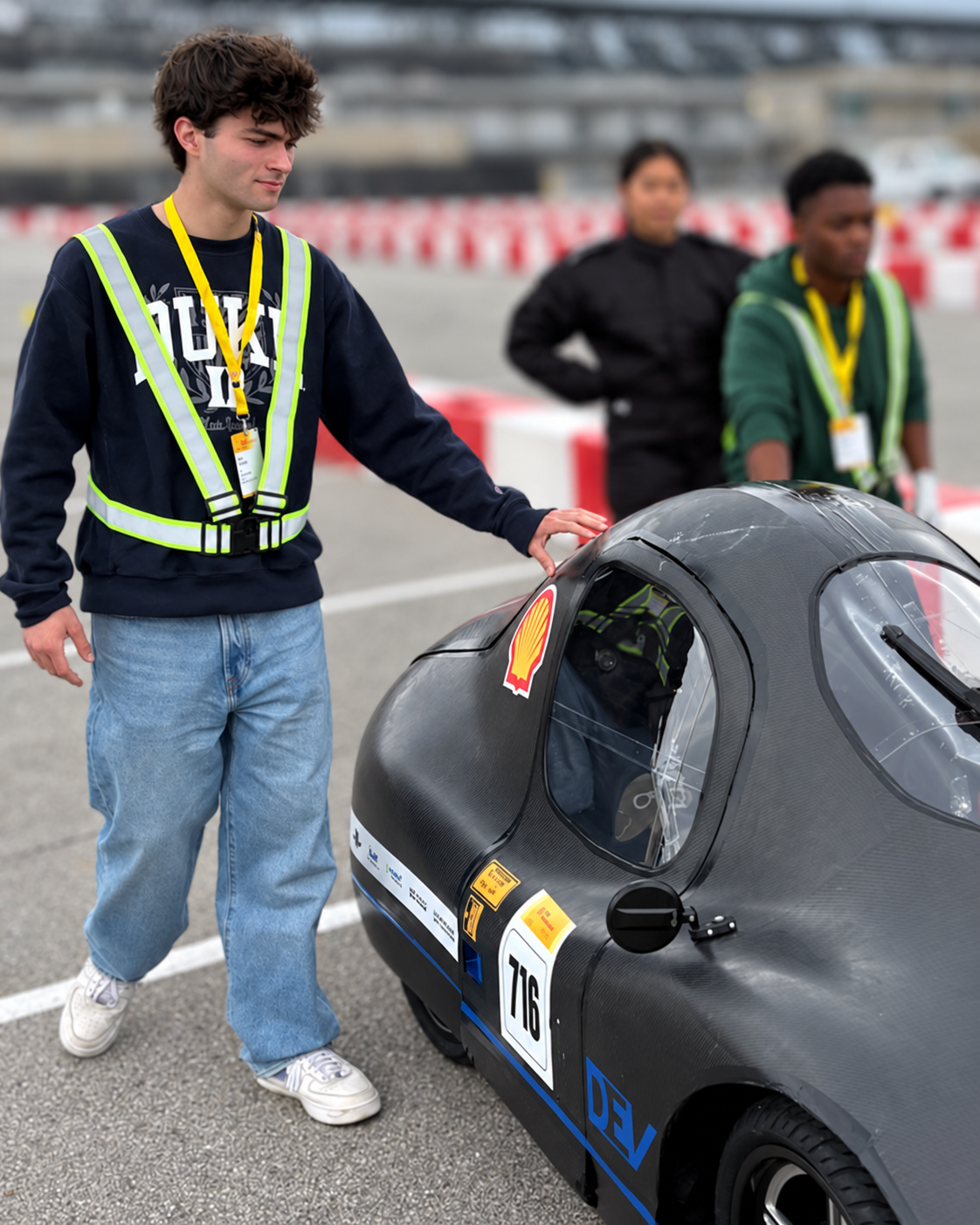 Alex Citardi at the track with the Duke Electric Vehicles car