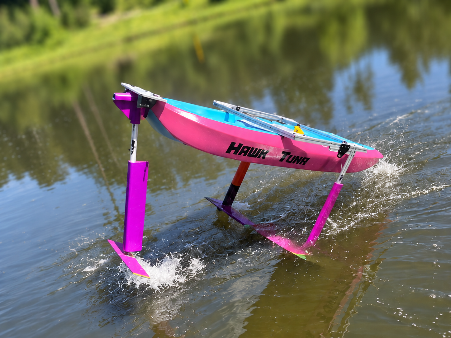 Hydrofoil kayak foiling above the water