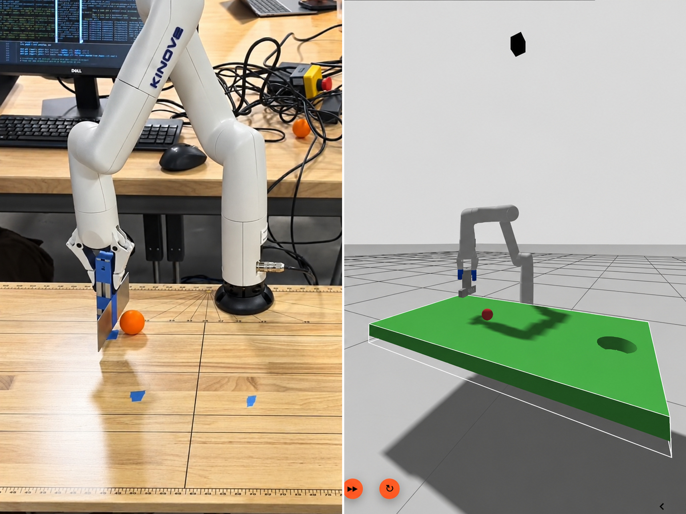 Kinova arm putting a ball beside its simulation view