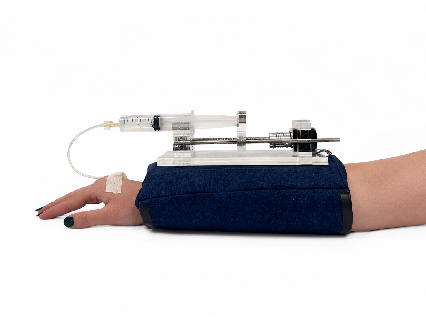 Syringe-driver device strapped to a forearm